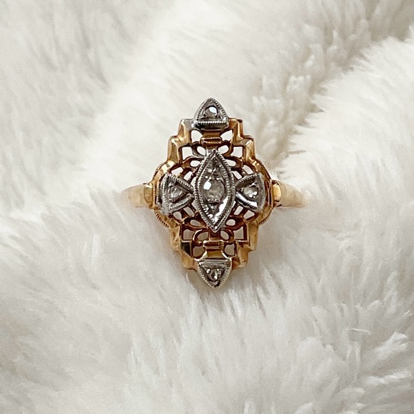 Vintage 14K Solid Gold Filigree Diamond Navette Ring Art Deco Revival Sz 4.75 - Picture 3 of 15